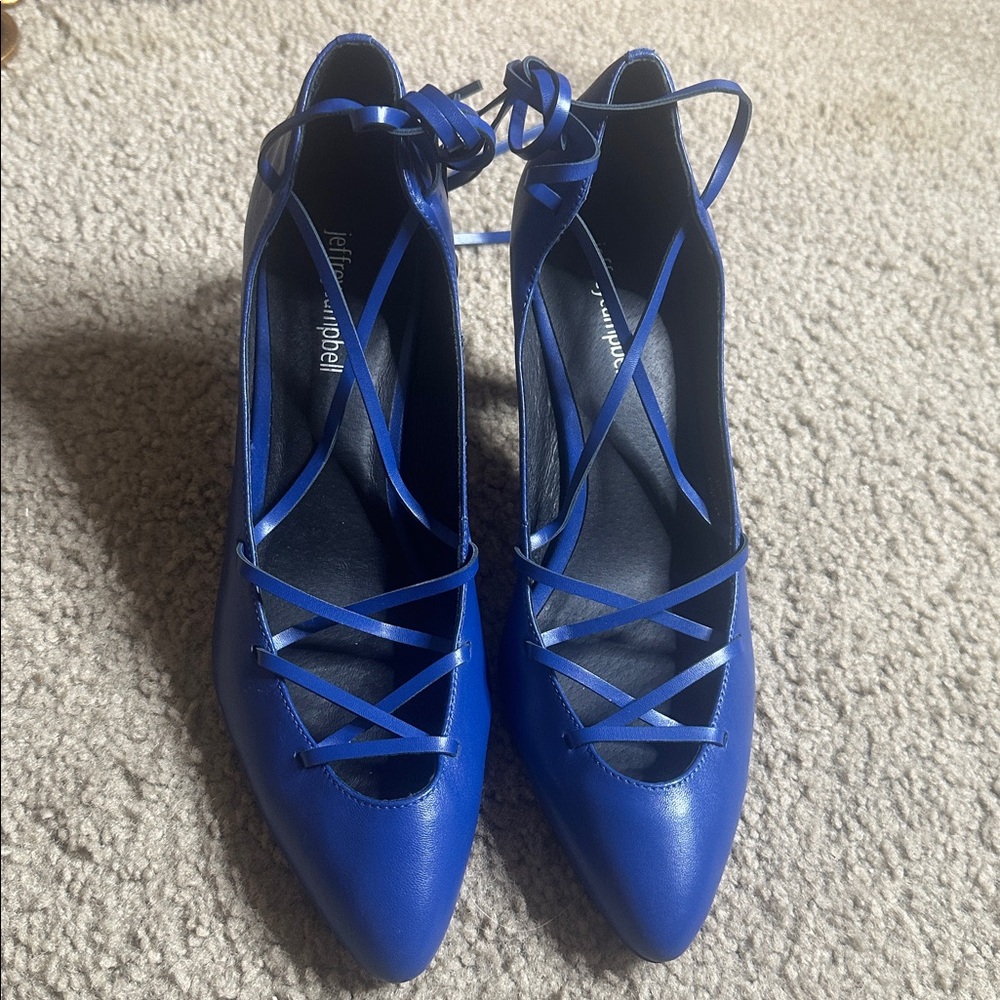 Jeffrey Campbell Royal Blue Lace Up Leather Heels -front of foot /ankle SIZE 9M